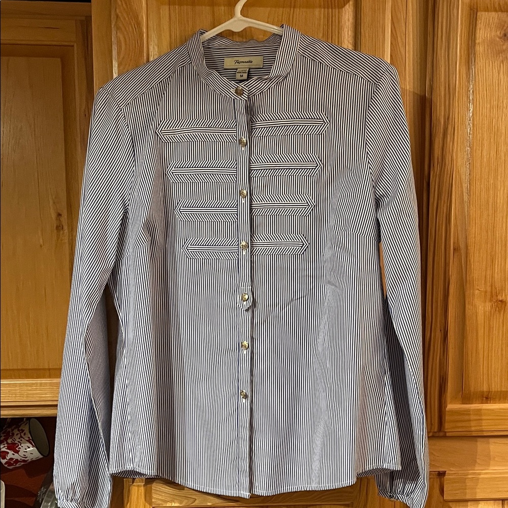 Façonnable Navy Striped Blouse with silver tone buttons EUC